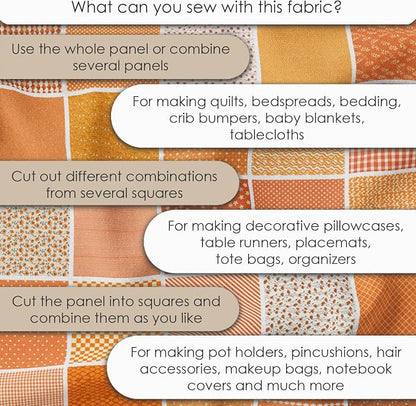 Cotton Satin Patchwork Fabric Panel – 35 Designs, 20×20 cm Squares, Single Piece 150×110 cm, Terracotta Orange Quilt Fabric(Sunset Orange Floral Patchwork Set, 35pcs 8x8 inch)