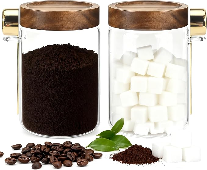 30oz Airtight Glass Jar with Metal Spoon Lid Round Coffee Grounds Container Sugar Storage Jar for Spice Rice Tea Pantry Herb Kitchen Seasoning Bath Salts Nuts Cookies (900ml/30oz-2pack(with spoon))