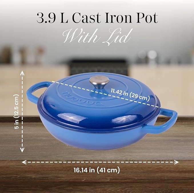 Shallow Cast Iron Casserole with Lid – Non Stick Dutch Oven Pot, Oven Safe up to 500° F – Sturdy Ovenproof Stockpot Cookware – Enamelled Cooking Pot – Dark Blue, 3.7-Quart, 30cm – by Nuovva
