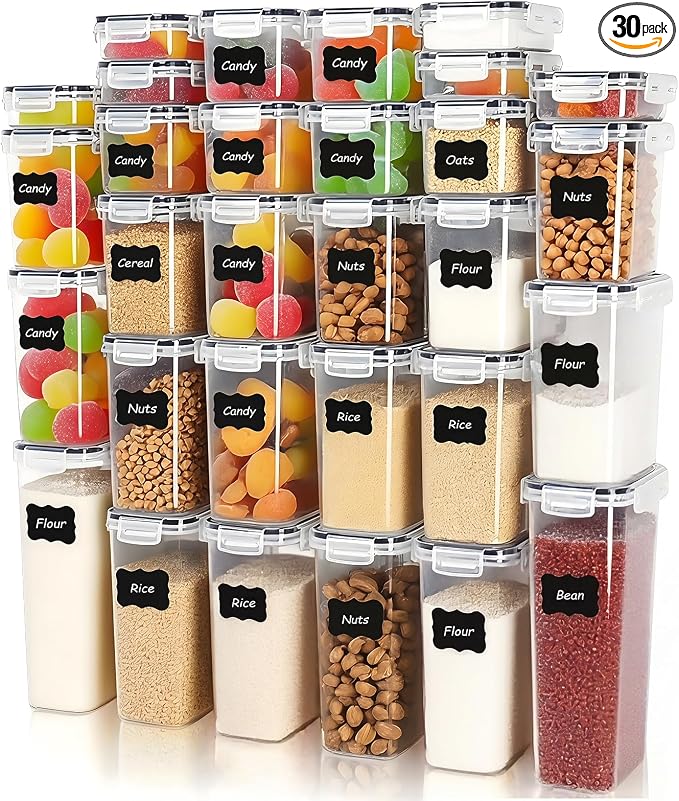 30 PCS Airtight Food Storage Containers with Lids, BPA Free Clear Plastic Kitchen and Pantry Organization and Storage Set for Flour, Sugar, Cereal, Pasta, Includes 30 Labels and Marker