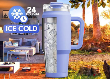 Meoky 32 oz Tumbler with Handle, Insulated Tumbler with Lid and Straw, Stainless Steel Travel Mug, Keeps Cold for 24 Hours, 100% Leak Proof, Fits in Car Cup Holder (Lilac)
