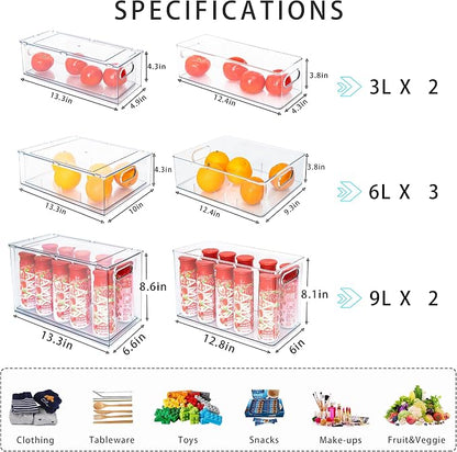 7 pack Stackable Refrigerator Organizer Bins Pull-Out Drawers for Fruit and Veggies Storage Organizer for Fridge Clear Drawer Containers with Handle Divided Organization for Produce Saver