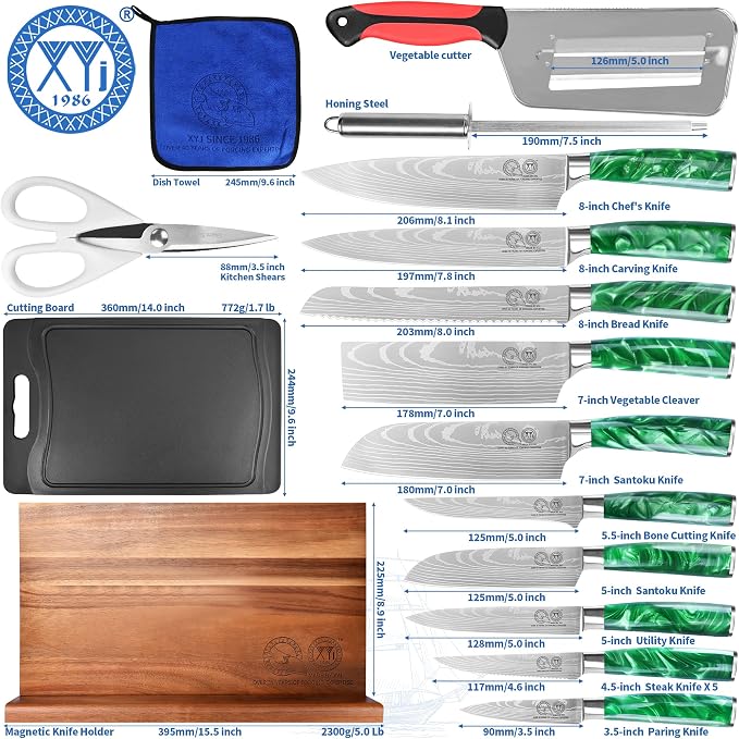 XYJ Knife Block Set,14Pcs Kitchen Knives Set with Block,Cutting Board,Sharpening Stick,Gloves,Scissors,Professional Japanese Style Paring Boning Bread Slicing Santoku Nakiri Chef Knife