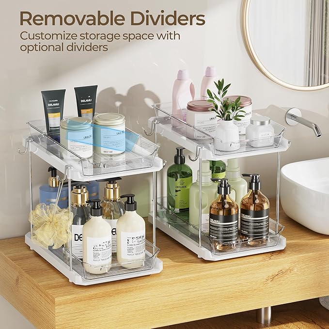 Delamu 2 Tier Under Sink Organizer Bathroom, Bathroom Cabinet Organizer with Snap-Lock Design and Hooks, Pull Out Storage with Movable Dividers, for Countertop, Kitchen and Pantry (White, 4 Pack)