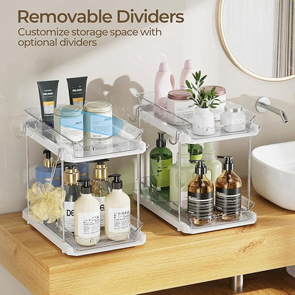 Delamu 2 Tier Under Sink Organizer Bathroom, Bathroom Cabinet Organizer with Snap-Lock Design and Hooks, Pull Out Storage with Movable Dividers, for Countertop, Kitchen and Pantry (White, 4 Pack)