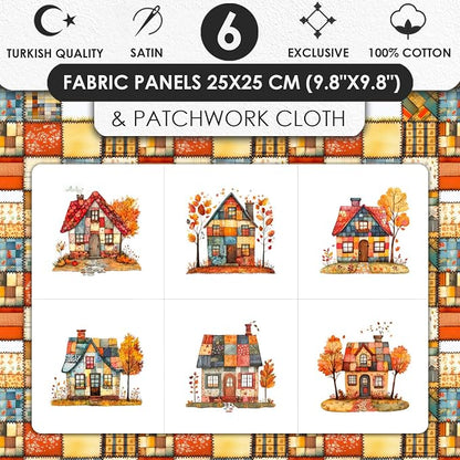 Cozy Autumn Patchwork House Fabric Panel – Six 10×10 inch Designs + Bonus 29.5×19.6 inch Patchwork Sheet, 100% Turkish Cotton 140 GSM