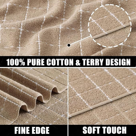 Mordimy 100% Cotton Terry Cloth Kitchen Towels, Super Soft and Absorbent Dish Towels for Drying, Checkered Designed Hand Towels for Kitchen, 16 x 26 Inches, 8 Pack, Tan