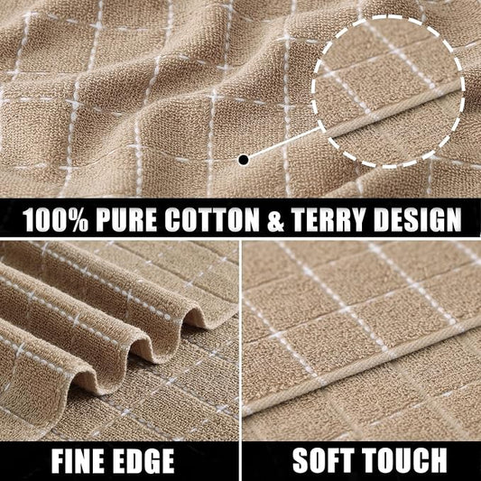 Mordimy 100% Cotton Terry Cloth Dish Cloths, Soft and Absorbent Checkered Dish Towels, Quick Drying Dish Rags for Washing Dishes, 8 Pack, 12 x 12 Inches, Tan