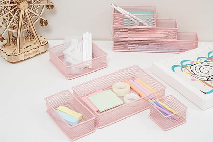 Annova Mesh Stackable Drawer Cabinet and Shelf Organizer Bins Storage Basket School Office Supply Holder Tray- Set of 2 (Light Pink, 6x15x2 Inch)