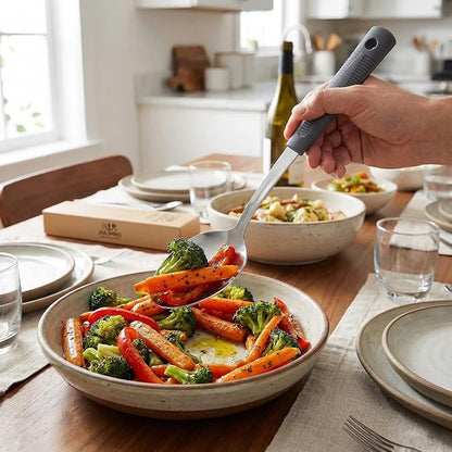 Metal Serving Spoons Set, Large Serving Spoons with Silicone Handles, Stainless Steel Serving Spoon, Slotted Spoon & Soup Ladle Set for Buffet and Home Kitchen (Dark gray)