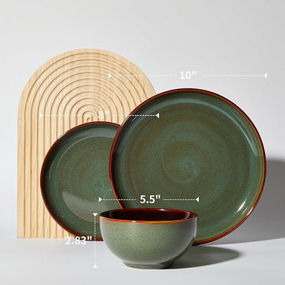 Pokini Plates and Bowls Sets for 8, 24 Piece Dinnerware Set for Large Families & Entertaining, Elegant Design, Dishwasher & Microwave Safe, Chip Resistant and Durable, Sage Green