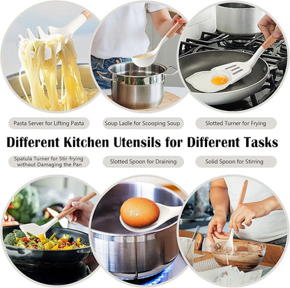 HaWare Kitchen Cooking Utensils Set, 23-Piece Silicone Kitchen Utensils Spatula Set with Holder, Heat Resistant Wooden Handle Kitchen Gadget for Nonstick Cookware, Food-grade Turner Spoon Sets (White)