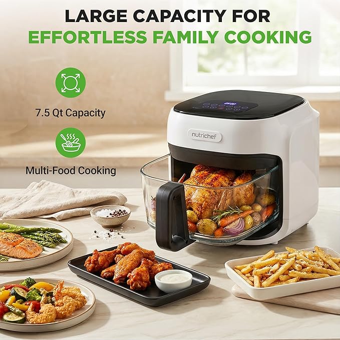 NutriChef Family Size 7.5 Quart Air Fryer | 6 Preset Cooking Modes | Glass Fry Bowl for Best Cooking | 360° Air Circulation | Cook Veggies, Steak, Fries, Seafood, Chicken & More | White