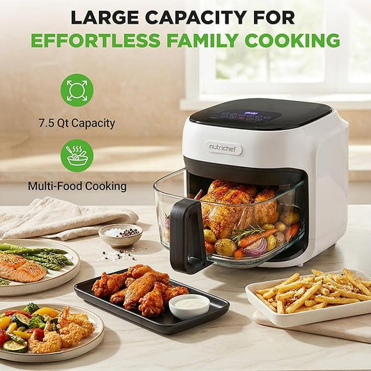 NutriChef Family Size 7.5 Quart Air Fryer | 6 Preset Cooking Modes | Glass Fry Bowl for Best Cooking | 360° Air Circulation | Cook Veggies, Steak, Fries, Seafood, Chicken & More | White