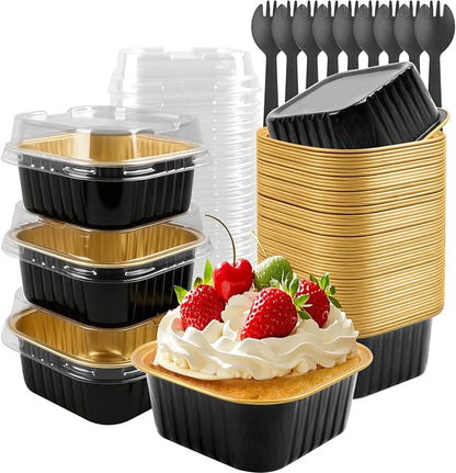 50 Pack 5oz Square Mini Cake Pans with Lids and Spoons,Aluminum Foil Baking Cups,Disposable Mini Loaf Pans Ramekins for Brownie, Cheesecake, Mousse & Wedding Party Favors-Black