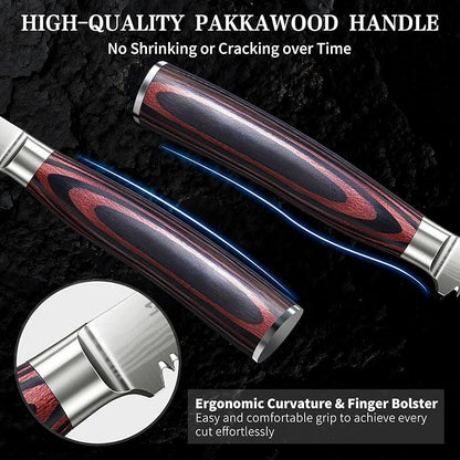 DiiHAUZZ Steak Knives Set of 6, Serrated Steak Knife Set 4.5 Inch, Ultra Sharp Forged High Carbon Stainless Steel Dinner Knife with Ergonomic Pakkawood Handle, Damascus Pattern and Gift Box