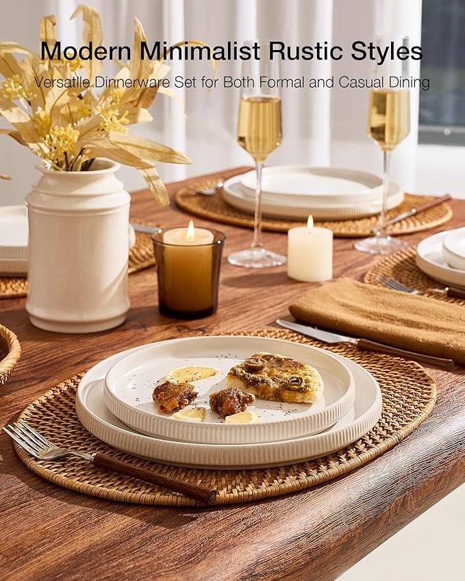 Famiware Star 12-Piece Stoneware Flat Plate Set for 6-10.5" Dinner Plates & 8" Salad Plates, High Edge Dishes Dinnerware Sets, Chip & Scratch Resistant, Microwave & Dishwasher Safe, Matte White