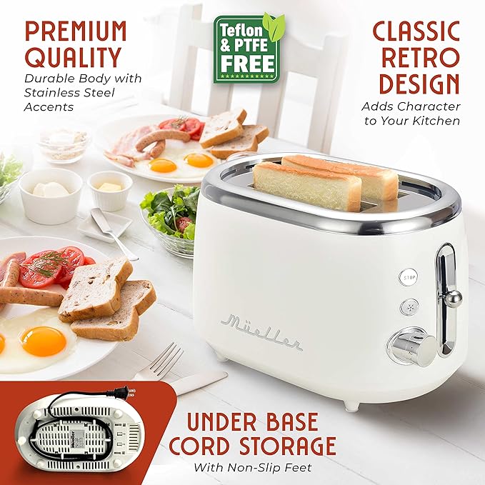 MUELLER HOME Retro Toaster 2 Slice, 7 Browning Levels, 3 Functions (Reheat, Defrost, Cancel), Stainless Steel Features, Removable Crumb Tray, Under Base Cord Storage, White Toaster Kitchen Appliances