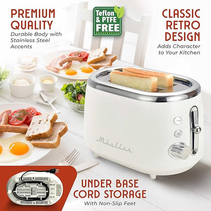 MUELLER HOME Retro Toaster 2 Slice, 7 Browning Levels, 3 Functions (Reheat, Defrost, Cancel), Stainless Steel Features, Removable Crumb Tray, Under Base Cord Storage, White Toaster Kitchen Appliances