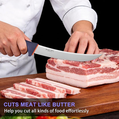 8 Inch Curved Breaking Knife for Meat Cutting - Non-Slip Softgrip Handle with Ultra Sharp Blade, Multi-Purpose Butcher Knife for Steak, Ribs, X50CrMoV15 Stainless Steel