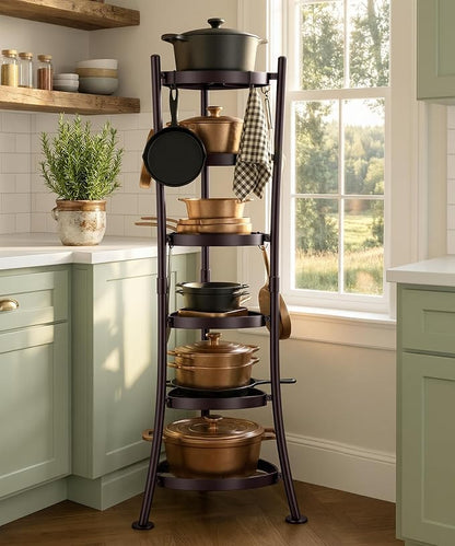 KES Oiled Bronze Freestanding Pot Rack, 6-Tier Cast Iron Cookware Stand with 6 Hooks, Pots and Pans Storage Tower for Kitchen, Stable Base, 264 Lbs Capacity, Anti-tip Strap & Floor Protectors
