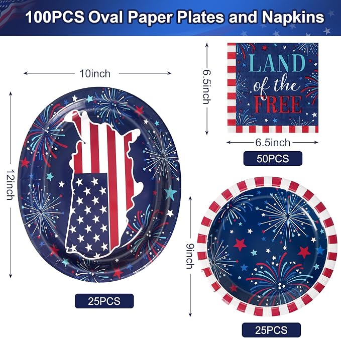Dereinwo 100 PCS Patriotic Paper Plates and Napkins | Bundle Includes Paper Oval Dinner Plates Dessert Plate and Napkins for 4th of July Independence Day Party Supplies