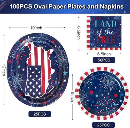 Dereinwo 100 PCS Patriotic Paper Plates and Napkins | Bundle Includes Paper Oval Dinner Plates Dessert Plate and Napkins for 4th of July Independence Day Party Supplies