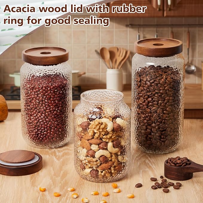 LemonRoad 4 Pack 33 oz Vintage Glass Jars with Lid Decorative Airtight Glass Food Containers Anti Slip Storage Canister for Kitchen Counter Pantry Coffee Nuts Sugar Candy Tea Cookie Spices Oats Cereal