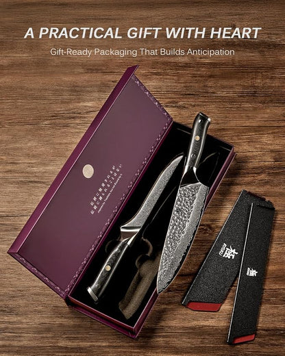 KYOKU Knife Set, Shogun Series 2pc Japanese Style Kitchen Knife Set, 7" Boning 8" Chef Knife with Sheath Gift Box, Professional Sharp Damascus Stainless Steel Knives for Meat Vegetable
