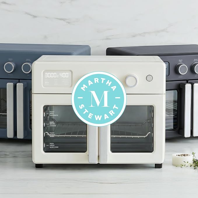Martha Stewart French Door Air Fryer Toaster Oven Combo, 34QT Countertop Convection, 12-in-1, Bake, Broil, Roast, Fits 12” Pizza, Dehydrate, 5 Accessories, Air Fry Basket, Stainless Steel, Linen Cream