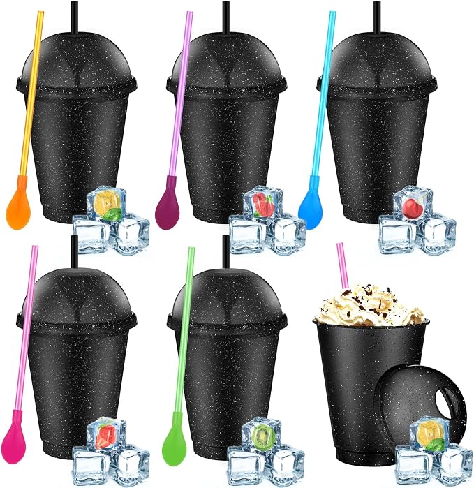 6 Set Slushie Cups with Dome Lids and Straws Detachable Spoon Straws Reusable Plastic Iced Coffee Cups Smoothie Tumbler for Birthdays Summer Party Supplies(Black,16 oz)