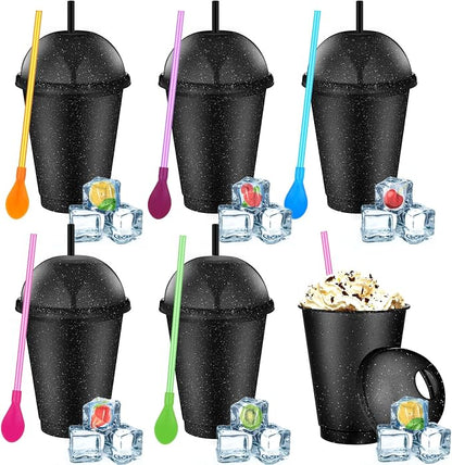 6 Set Slushie Cups with Dome Lids and Straws Detachable Spoon Straws Reusable Plastic Iced Coffee Cups Smoothie Tumbler for Birthdays Summer Party Supplies(Black,16 oz)