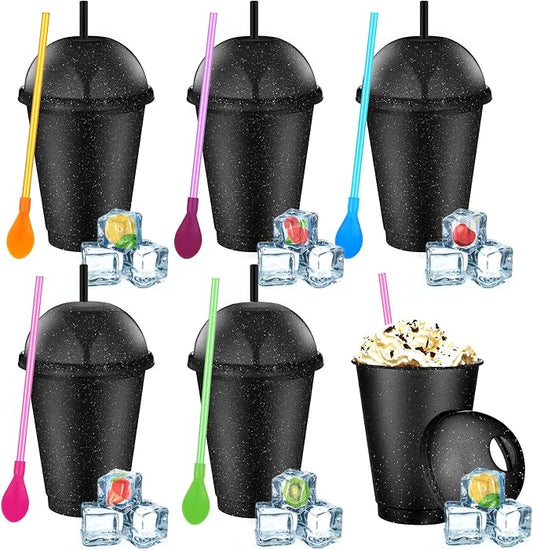 6 Set Slushie Cups with Dome Lids and Straws Detachable Spoon Straws Reusable Plastic Iced Coffee Cups Smoothie Tumbler for Birthdays Summer Party Supplies(Black,16 oz)