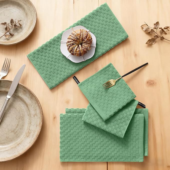 Homaxy 100% Cotton Kitchen Towels and Dishcloths Set, 12 x 12 & 15 x 25 Inches, Set of 8 Bulk Terry Cloth Dish Towels, Super Soft and Absorbent Hand Towel with Hanging Loop, Grass Green
