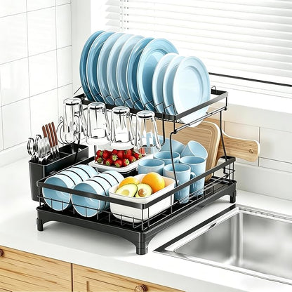 Simple Trending Dish Rack, Stainless Steel Dish Drying Rack for Kitchen Counter, Large Capacity 2-Tier Dish Drainer Organizer with Utensil Holder, Black