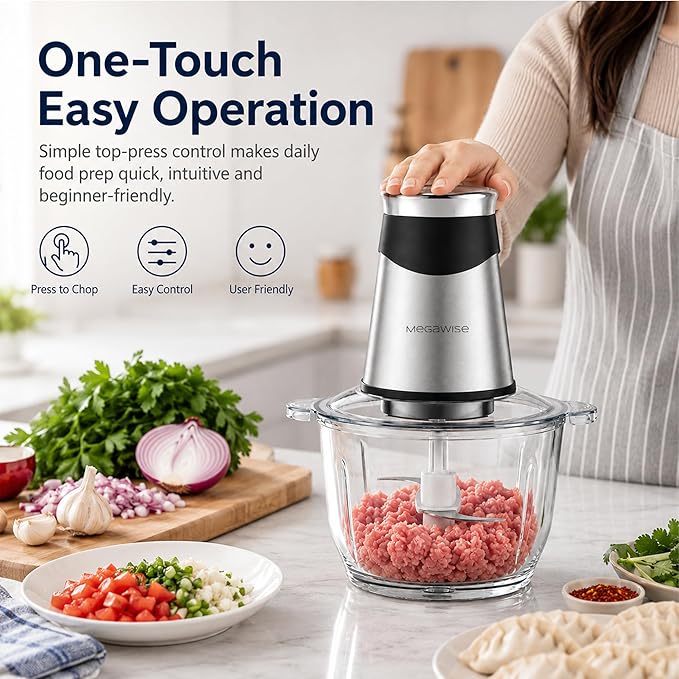 MEGAWISE Electric Food Chopper 800W, Dual-Speed Meat Grinder with1.2L 304# Stainless Steel Bowl & 2.2L Glass Bowl, BPA-Free Food Processor for Meat, Vegetables, and Nuts