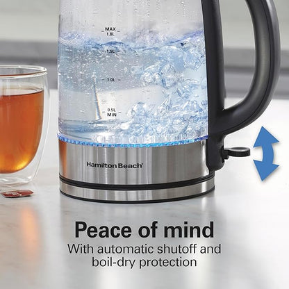 Hamilton Beach Electric Tea Kettle, Water Boiler & Heater, 1.8 Liter, 1500 Watts for Fast Boiling, BPA Free, Cordless Serving, Auto-Shutoff & Boil-Dry Protection, Blue LED, Glass (40853C)