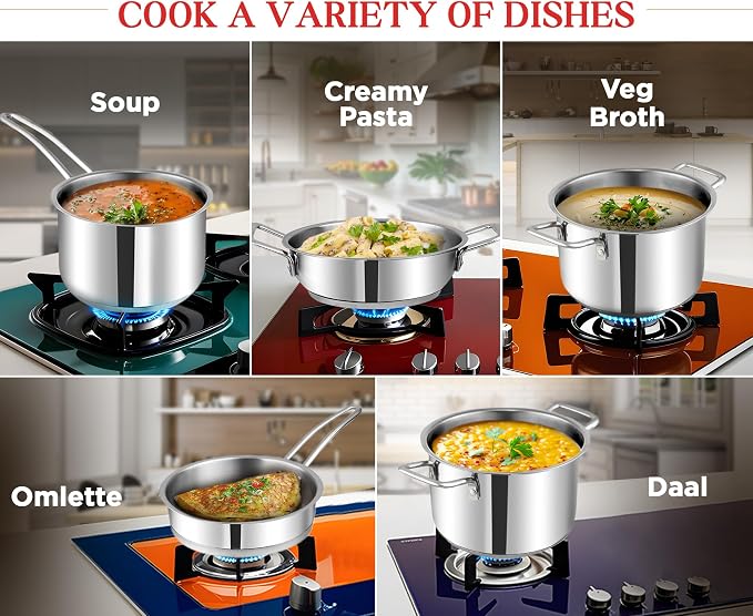 Vinod Classic Deluxe Stainless Steel Cookware Combo Set of 4 Pcs/Saucepan, Saucepot, Kadai and Frypan/Deep Kadhai for Cooking/Heavy Induction Bottom