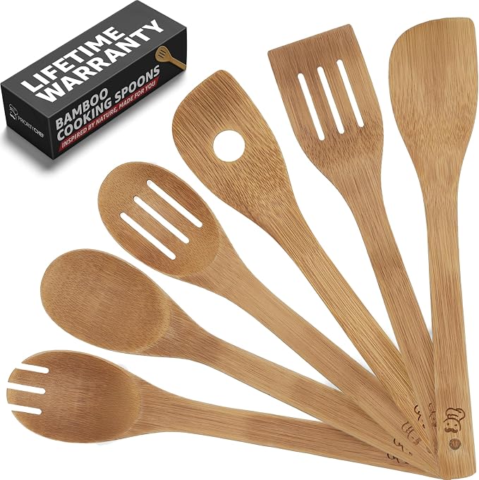 PriorityChef Wooden Spoons for Cooking, 6Pc Non Scratch Bamboo Cooking Utensils, Non-Toxic Wooden Utensil Set, Easy to Clean Kitchen Utensils Set for Everyday Use on All Cookware Types