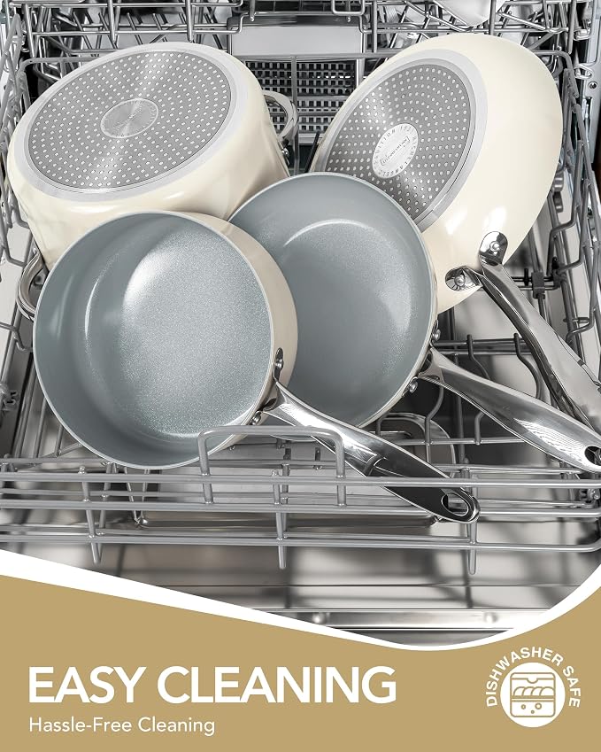 MICHELANGELO Pots and Pans Set Non Stick 8 Piece Ceramic Cookware Set Cream | PFAS-Free Cream Ceramic Nonstick Cookware Set for Eggs, Pancakes, Sauces, Low-Oil Cooking and Induction Stoves, Fast Cleanup