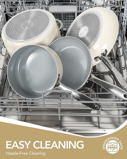 MICHELANGELO Pots and Pans Set Non Stick 8 Piece Ceramic Cookware Set Cream | PFAS-Free Cream Ceramic Nonstick Cookware Set for Eggs, Pancakes, Sauces, Low-Oil Cooking and Induction Stoves, Fast Cleanup