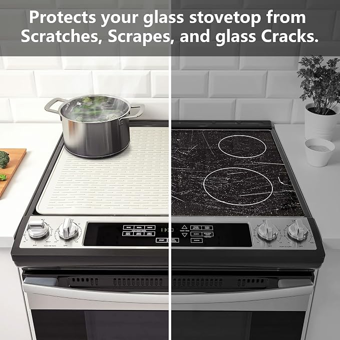 YUHFERA Stove Top Cover for Electric Stove - Silicone Stove Mat for Glass Top, Glass Cooktop Protector, XL Dish Drying Mats for Kitchen,Oven Covers for Electric Stove (Beige,28 x 20)
