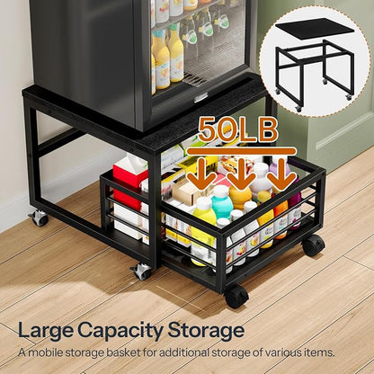 HOOBRO End Table, Mini Fridge Stand with Storage, Mini Fridge Table with Wheels and Adjustable Feet, Sturdy Metal Frame, for Living Room, Bedroom, Office, Black BB155TL01