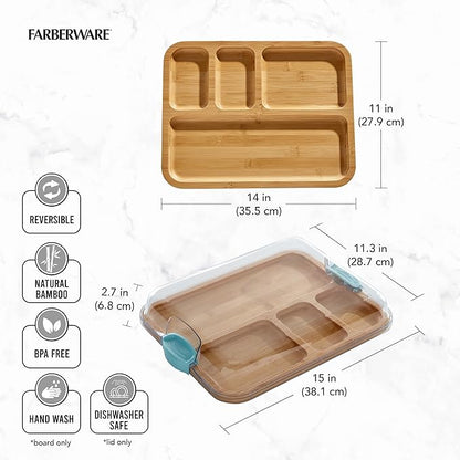 Farberware Build-A-Board Bamboo Cutting Board with Built-in Compartments and Clear Locking Lid with Blue Handles, Perfect for Charcuterie, Snacks, and More