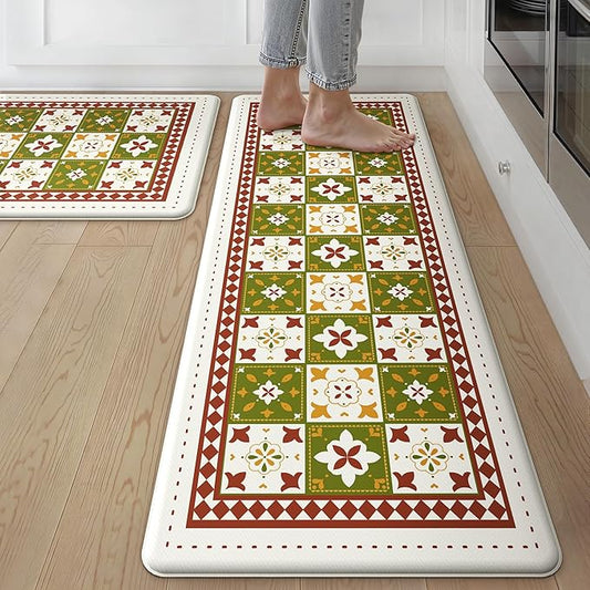 GENIMO Anti Fatigue Kitchen Mats for Floor, Cushioned Non Slip Kitchen Rug, Waterproof Kitchen Floor Mat Runner, Kitchen Mat for Laundry, Sink, Office, Entryway, 17.3"x59"+17.3"x30", Green
