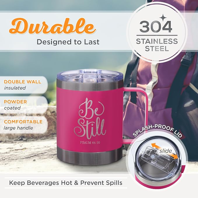 Christian Art Gifts Stainless Steel Double Wall Vacuum Insulated Camp Style Travel Mug 11 oz Pink Coffee Mug with Retractable Lid and Handle for Women with Bible Verse - Be Still -Psalm 46:10