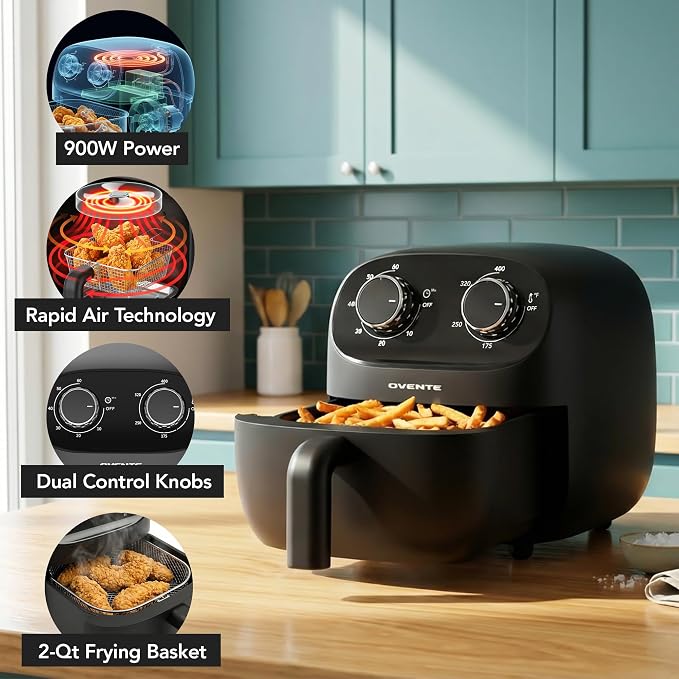 OVENTE 2QT Compact Air Fryer for 1–2 People, 900W Small Oil-Free Fryer with Manual Dual Knobs, Adjustable Temperature, 60 Minute Timer, Auto Shutoff & Dishwasher Safe Nonstick Basket, Black FAM18900B