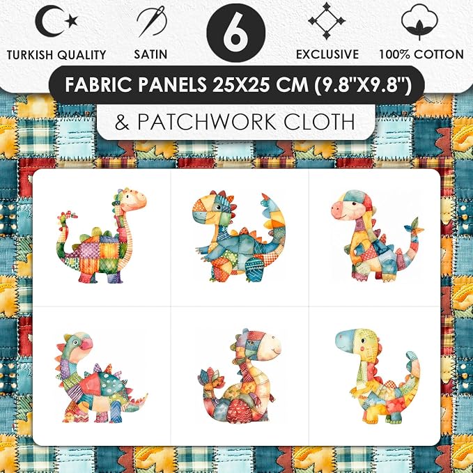 Patchwork Dinosaur Cotton Fabric Panel – 6 Designs (10×10 inch Each) + Bonus Sheet 29.5×19.6 inch, 100% Cotton 140 GSM, Made in Türkiye