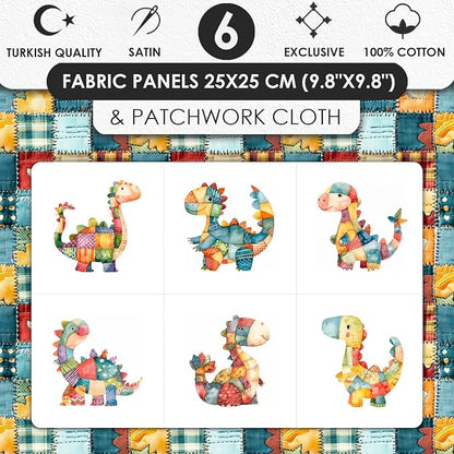 Patchwork Dinosaur Cotton Fabric Panel – 6 Designs (10×10 inch Each) + Bonus Sheet 29.5×19.6 inch, 100% Cotton 140 GSM, Made in Türkiye