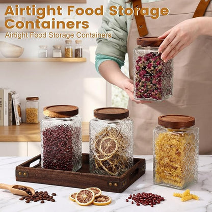 Domensi 6 Pack Vintage Glass Jars with Lids 34 oz with Begonia Pattern Acacia Wood Mason Jar Lids Airtight Pantry Containers for Kitchen Countertop Tea Coffee Spices and Snacks